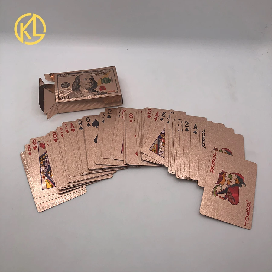 

Kelin Hot Sale waterproof USD100 Dollar Design Rose Gold Poker Playing Cards for Game Money or wedding gifts