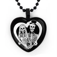 fashion black gothic style sugar skull pendant necklace heart pendant round bead chain couples necklace gift for girlfriend