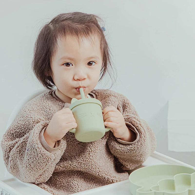 

Baby Safe Silicone Cup Water Feeding Drinking Thermal Mug Straw Child Bottle Cup BPA Free Children Cat Sippy Cup with Handle