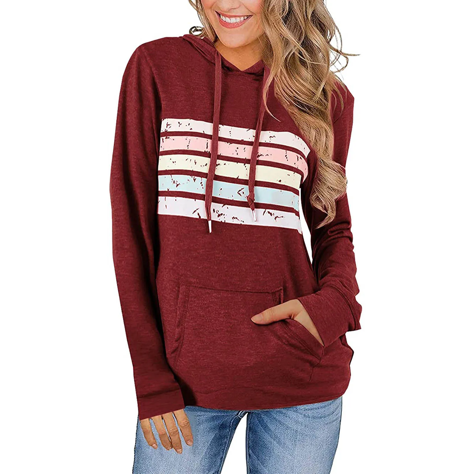

Women's Sweater Fashion Rainbow Print Round Neck Long Sleeve Drawstring Hooded Sweatshirt Loose Pocket Ladies Top Sudaderas