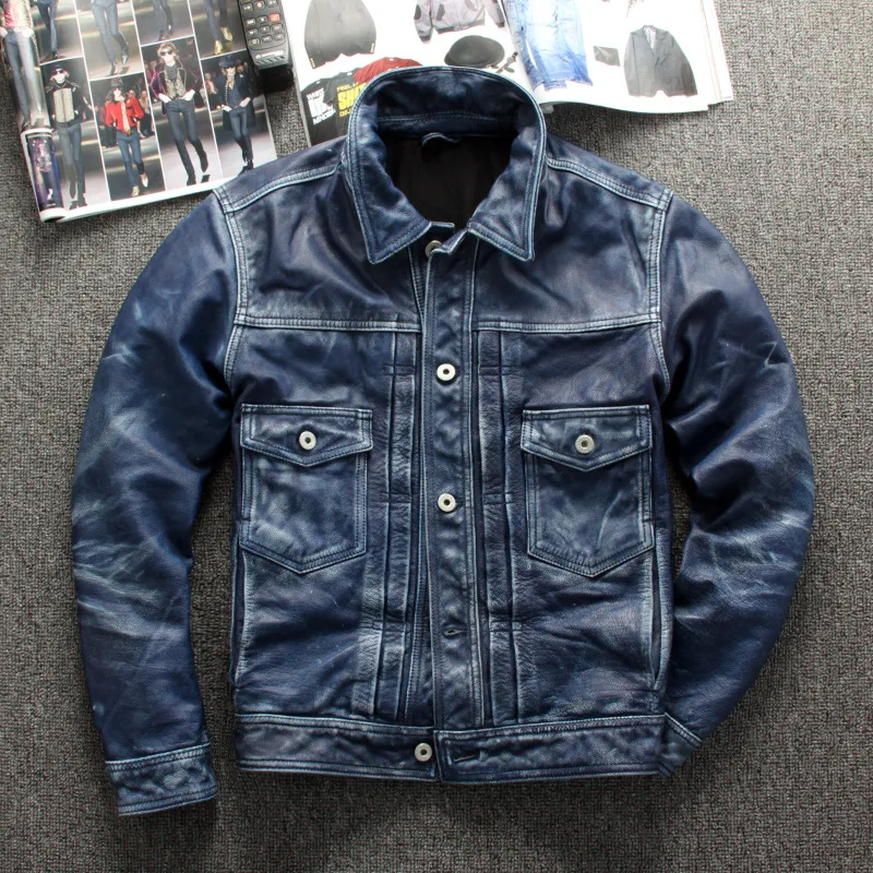 

Genuine Leather Jacket Men Bomber Moto Biker Top Gun Spring Autumn Denim Style Cowhide Male Winter Coat Factory Dropship Store