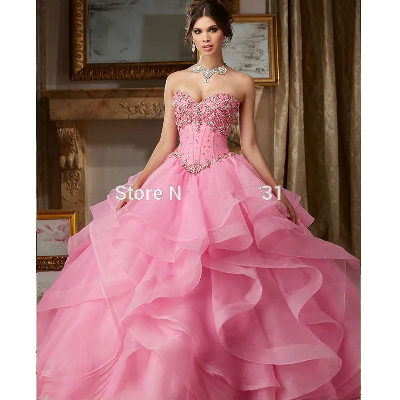 

Pink Quinceanera Dresses Ball Gown Sweetheart Organza Ruffles Beaded Crystals Cheap Sweet 16 Dresses