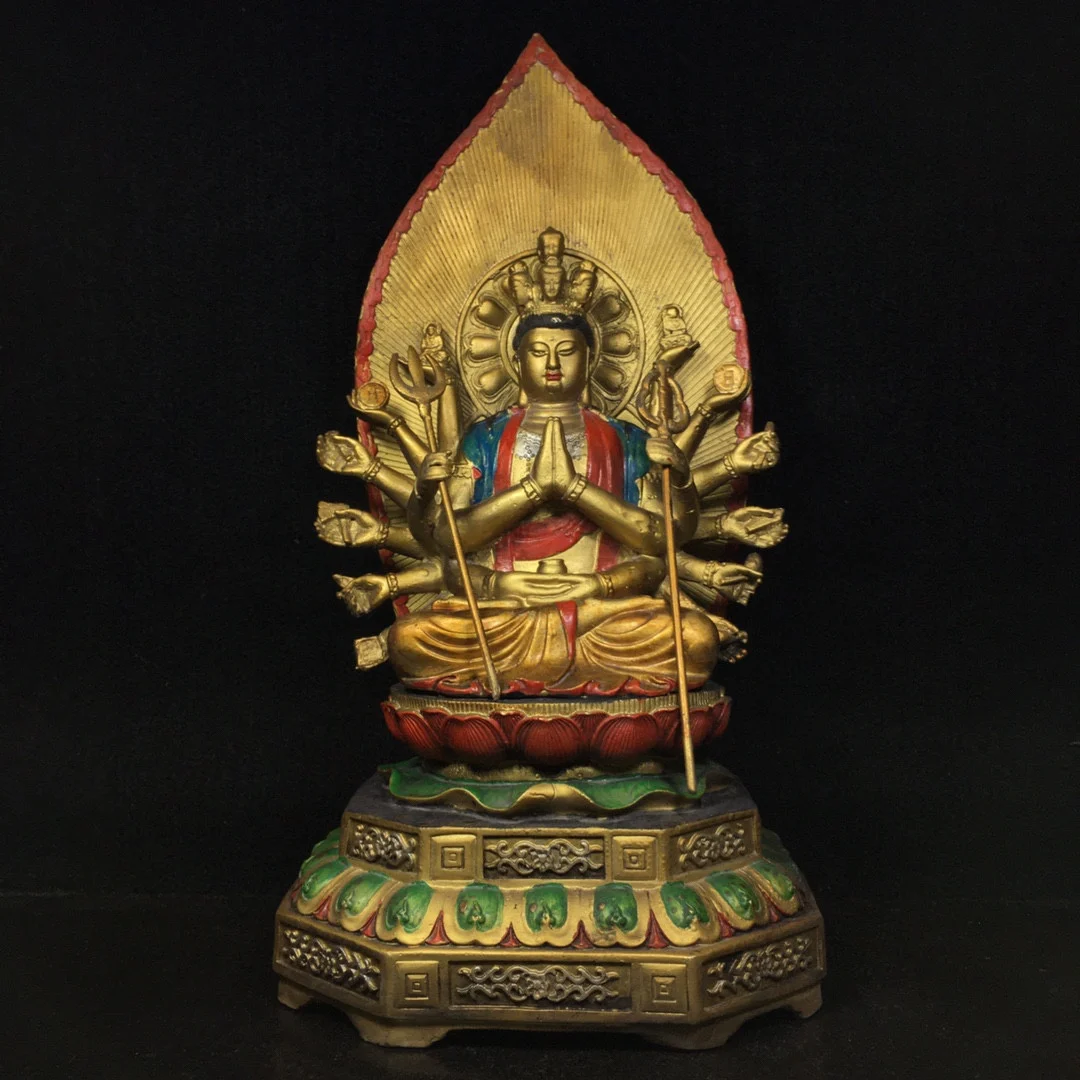 

14"Chinese Folk Collection Old Bronze Painted Thousand Hands Guanyin Bodhisattva Quasi mention Buddha Back light Sitting Buddha