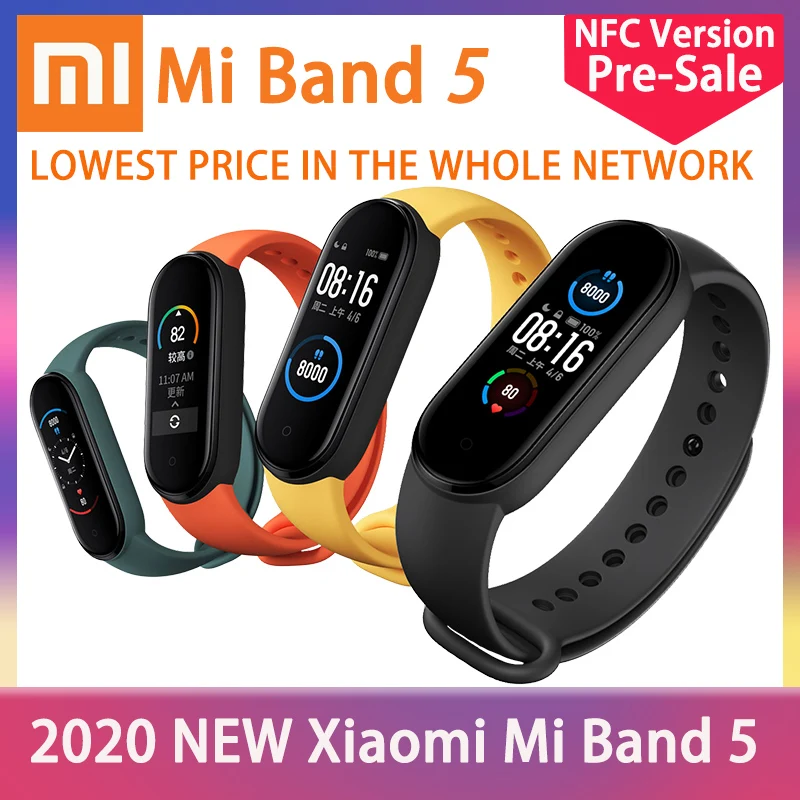 2020 Оригинальный Xiaomi Mi Band 5 Умный браслет 4 цвета AMOLED экран сердечного ритма Фитнес-трекер Bluetooth 5.0 Водонепроницаемый Miband5.