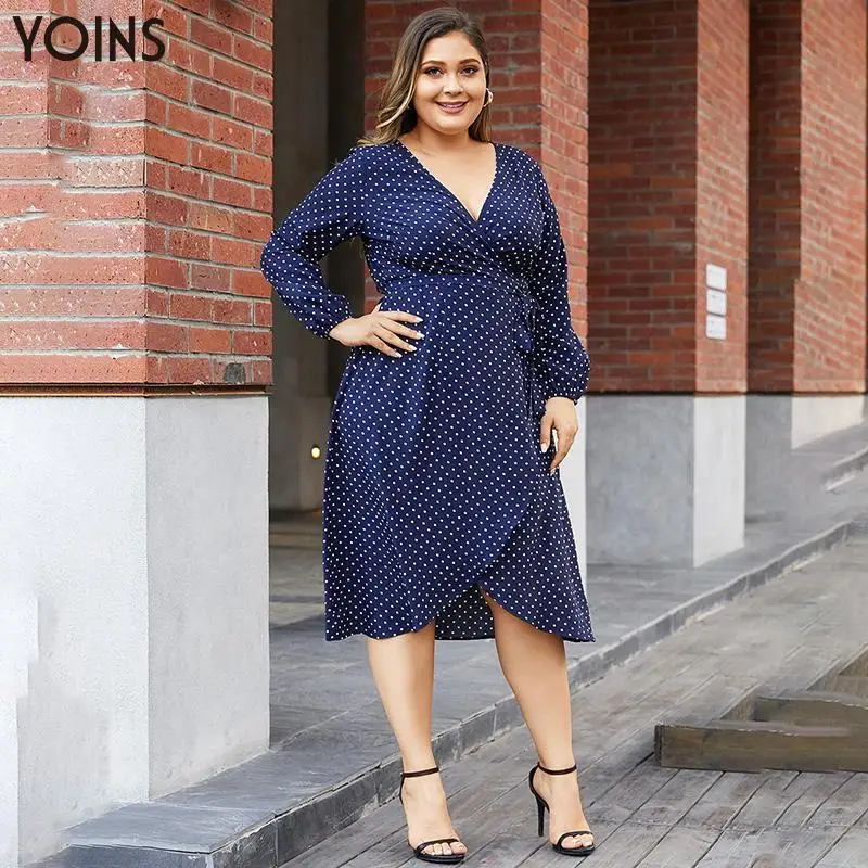 Женское богемное платье миди YOINS винтажное в горошек с v образным вырезом поясом и