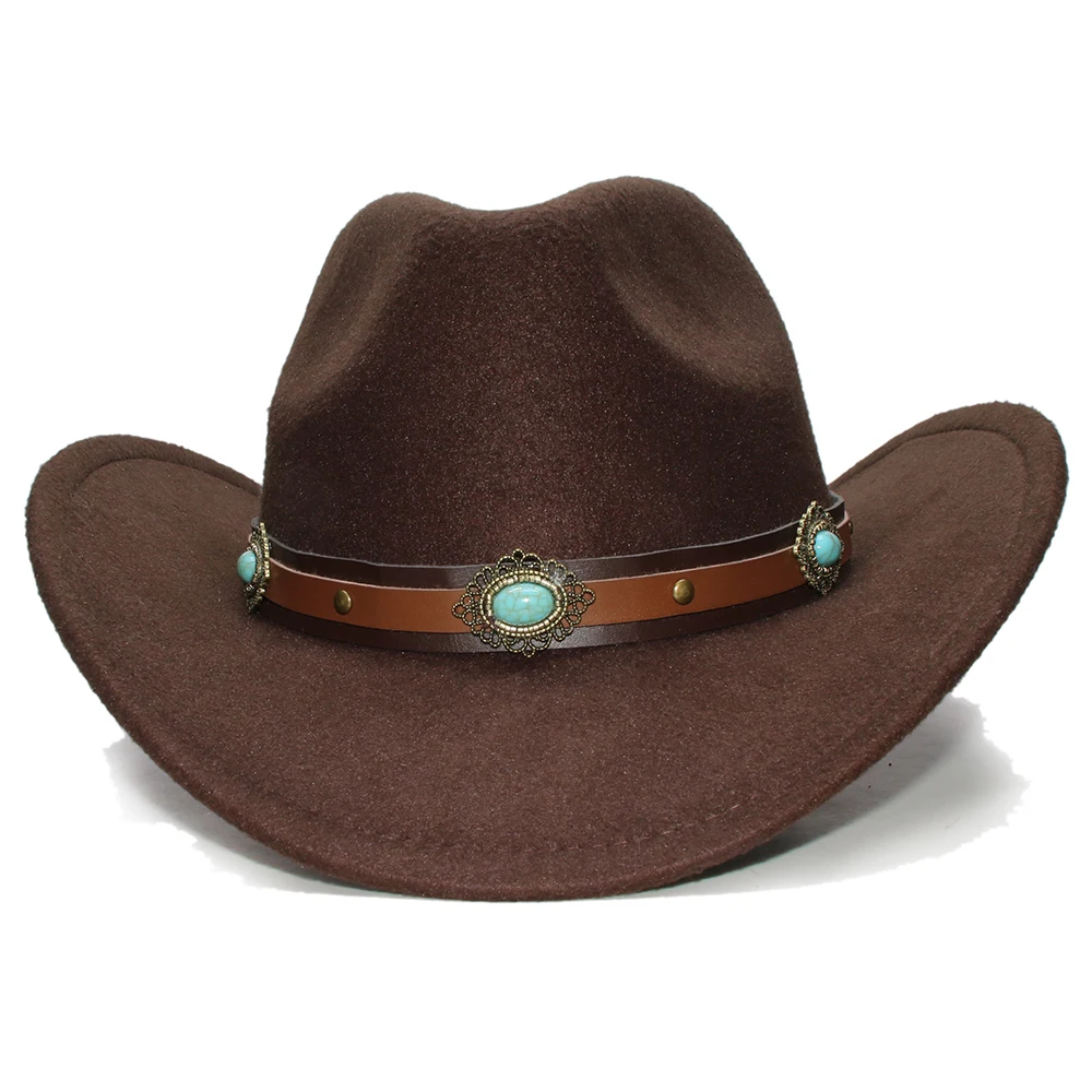 

Retro Turquoise Bead Leather Band Women Men /Kid Child Wool Felt Wide Brim Cowboy Western Hat Cowgirl Warm Cap (61cm/57cm/54cm)