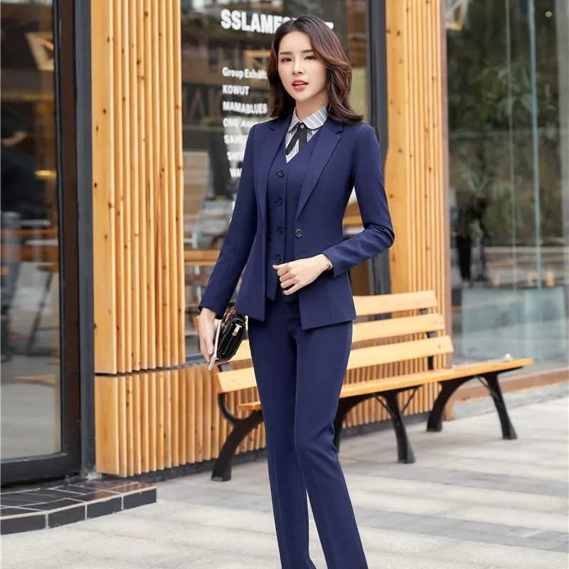 Темно синий Модная форменная конструкции брючные костюмы для женщин бизнес