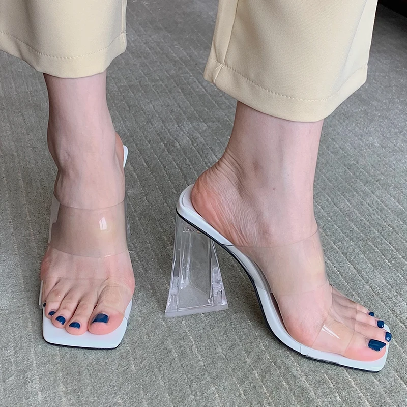 

Fashion Women Sandals Pumps 2022 New Crystal High Heels Transparent Slipper Female Square Toe Casual Outdoor Slides Ladies Pumps