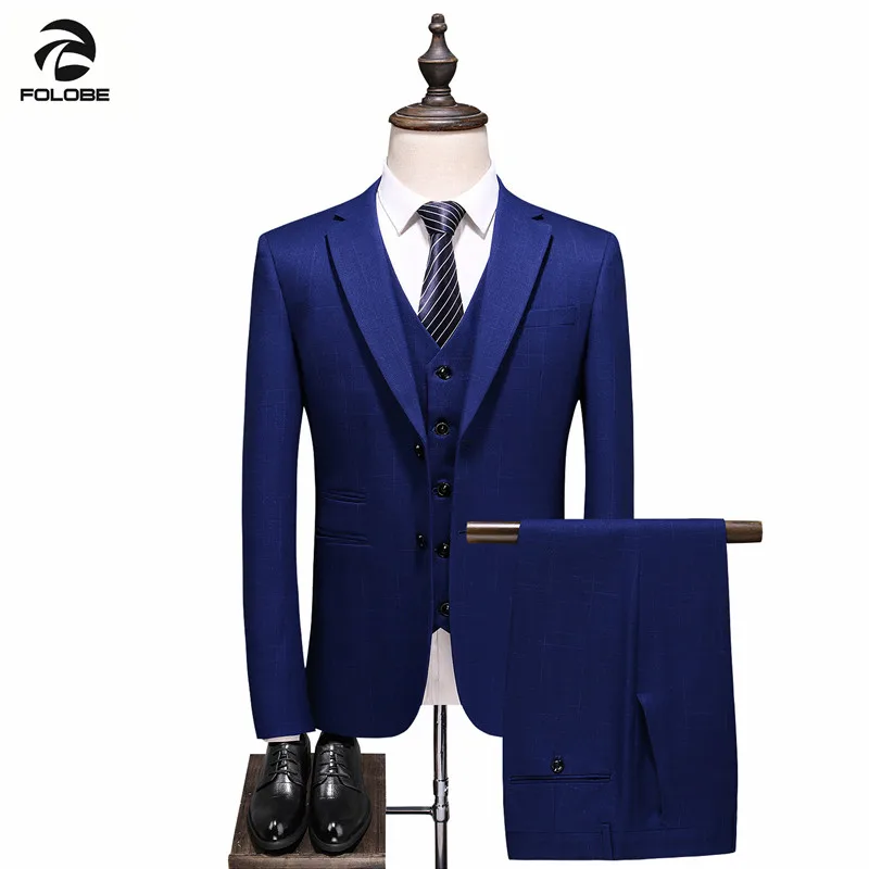 

FOLOBE/костюмы из трех предметов, пиджак + брюки + жилет, костюмы для свадебного платья для мужчин, Синие Деловые костюмы, мужские облегающие кос...