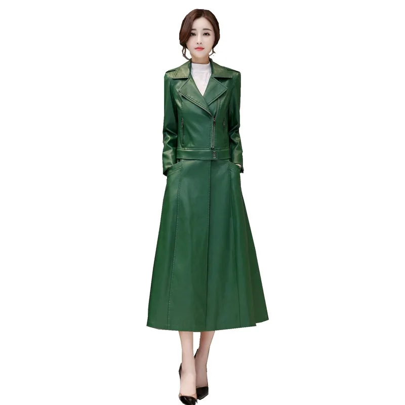 Женское кожаное замшевое х-длинное пальто куртка весна-осень женское облегающее