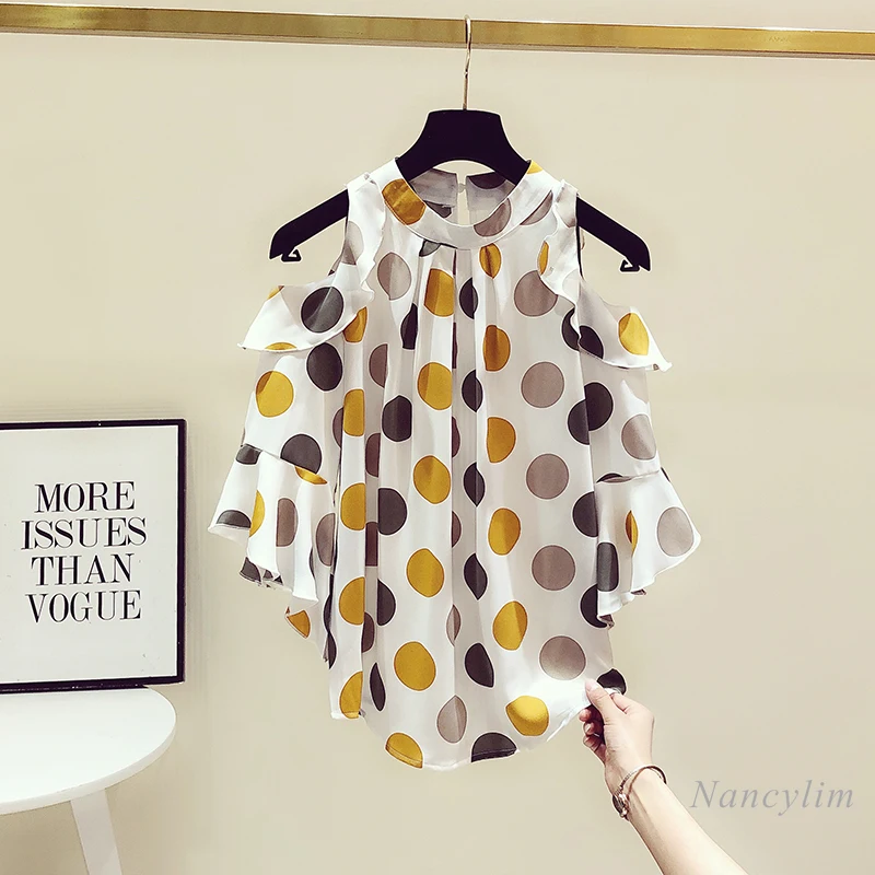 Chemisier en mousseline de soie pour femmes, épaules dénudées, à pois, manches évasées, à volants, à la mode, coupe ample, nouvelle collection été 2021