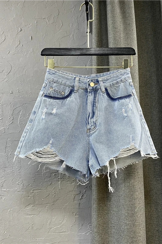 

Blue High Waist Denim Shorts Women's Summer 2021 Loose Large Size Jeans Female Wide Leg Ripped A Line Hot Pants