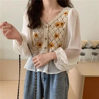 blouse women sweet girls spring sunflower embroidery chiffon shirts v neck all match trendy college style elegant chic lady tops