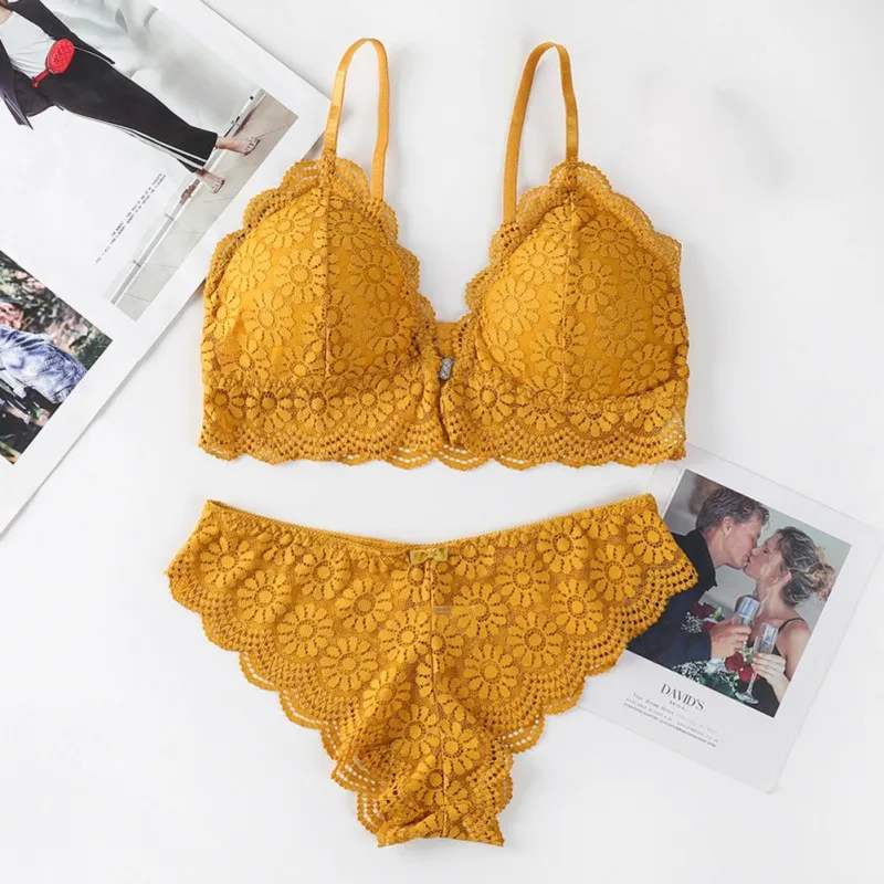 

French Women Bra Sets Lace Gathered Camisole Bottoming Underwear Suit Solid Color Jacquard Bra + Lace Briefs