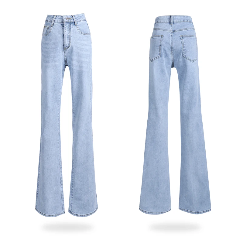 

TongSiHai Stretch Jeans Women Ladies Summer Fashion High Waist Flare Pants Teens Girls Light Blue Cotton Elastic Denim Trousers