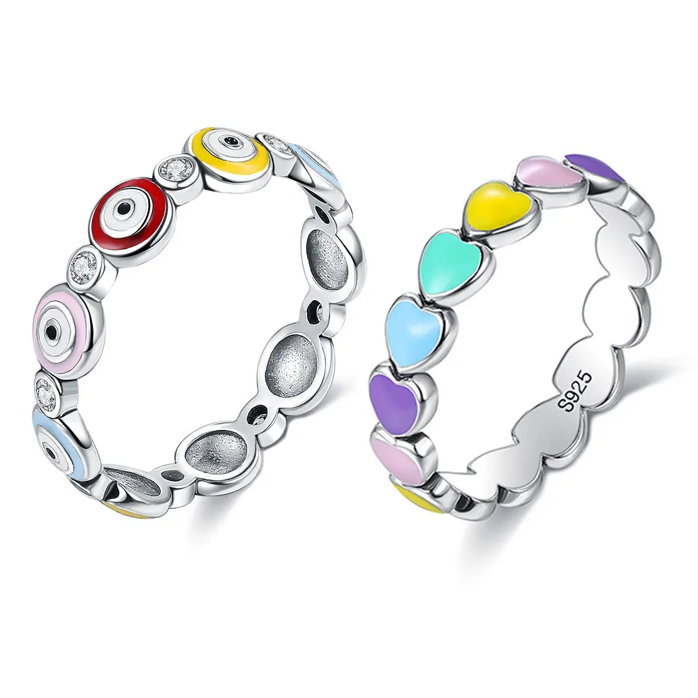 

925 Sterling Silver Rings For Women Fine Rainbow Heart-Shaped Devil Eyes Rings Advanced Zircons Jewelry Accessories Trend Gift