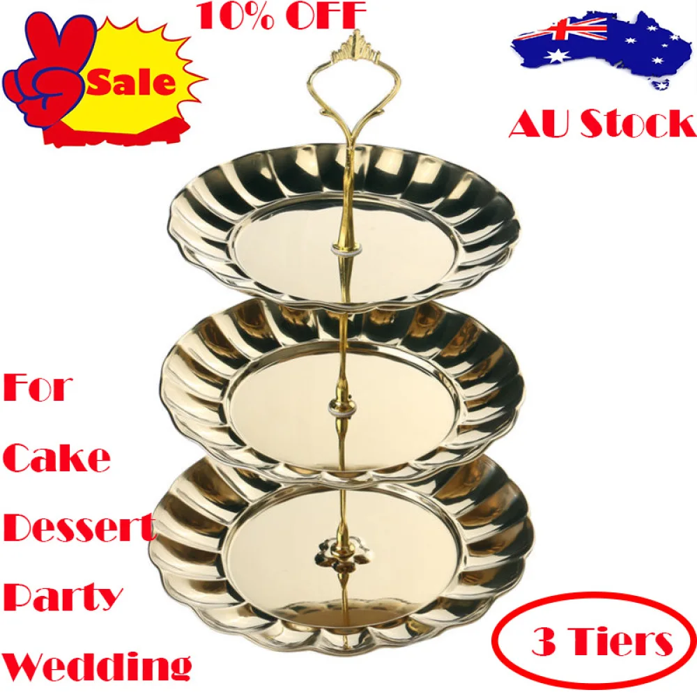 

Cake Stand Stainless Steel 3-Tiered Fruits Cakes Desserts Plate Stand (Gold)
