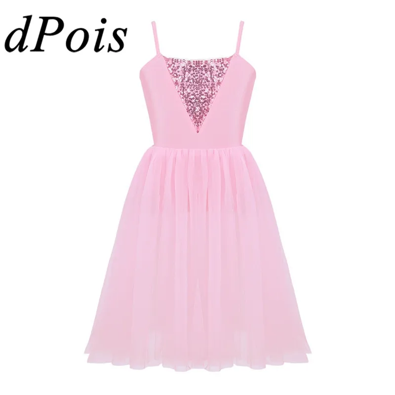 

Kids Girls Spaghetti Straps Sequins Mesh Ballet Dress Dancewear Ballet Gymnastics Leotard Dress Childrens Lyrical Dance Costumes