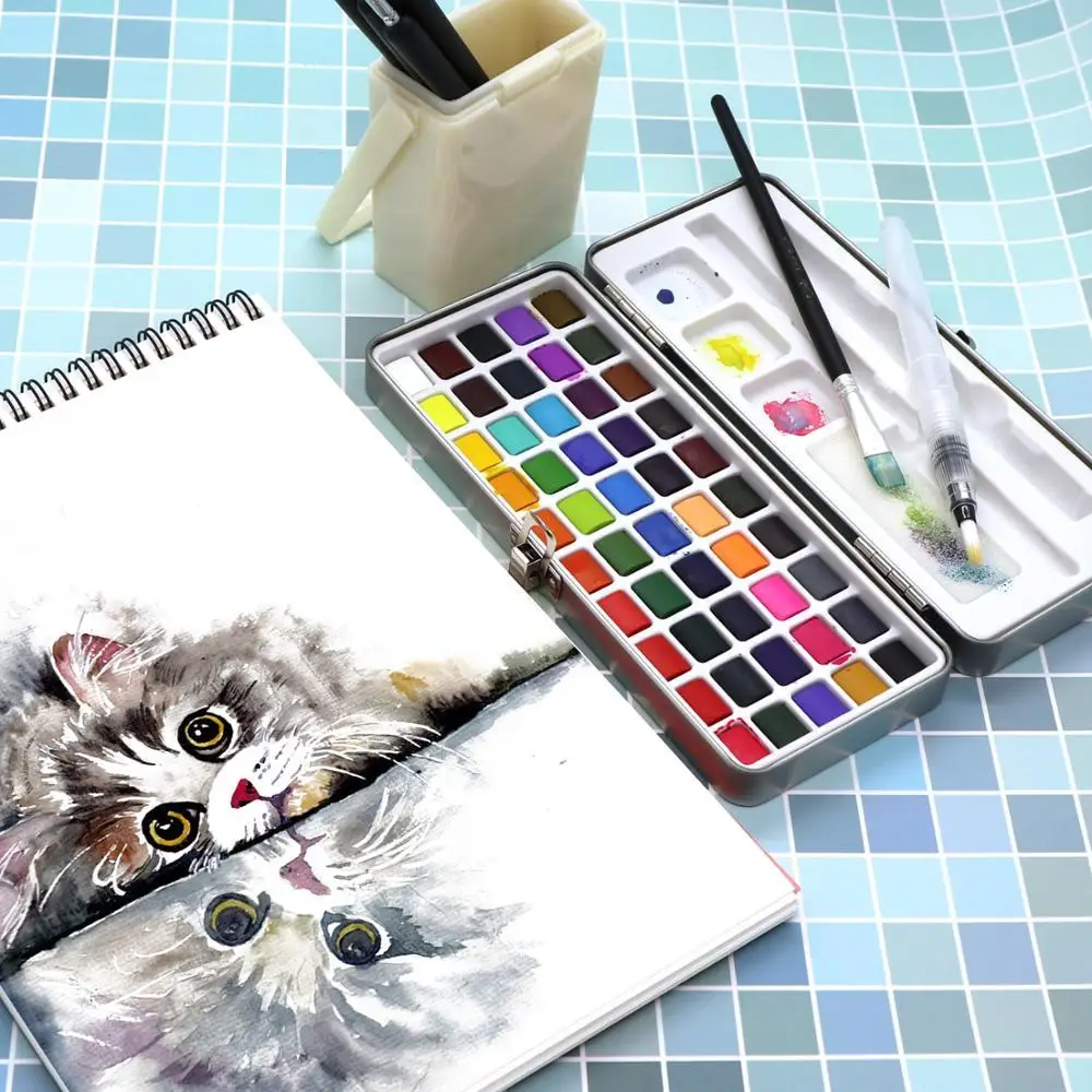 

50 Color Solid Watercolor Paint Set Portable Metal Box Watercolor Pigment For Beginner Drawing Watercolor Set Paper Supplies
