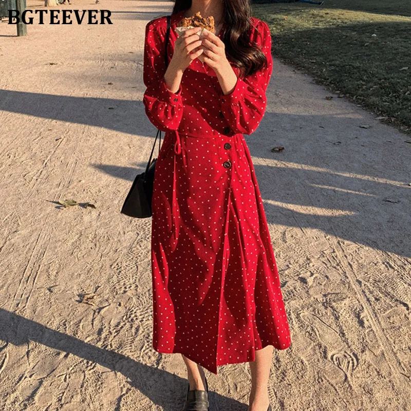 Весеннее длинное платье BGTEEVE в горошек с V образным вырезом женское однобортное