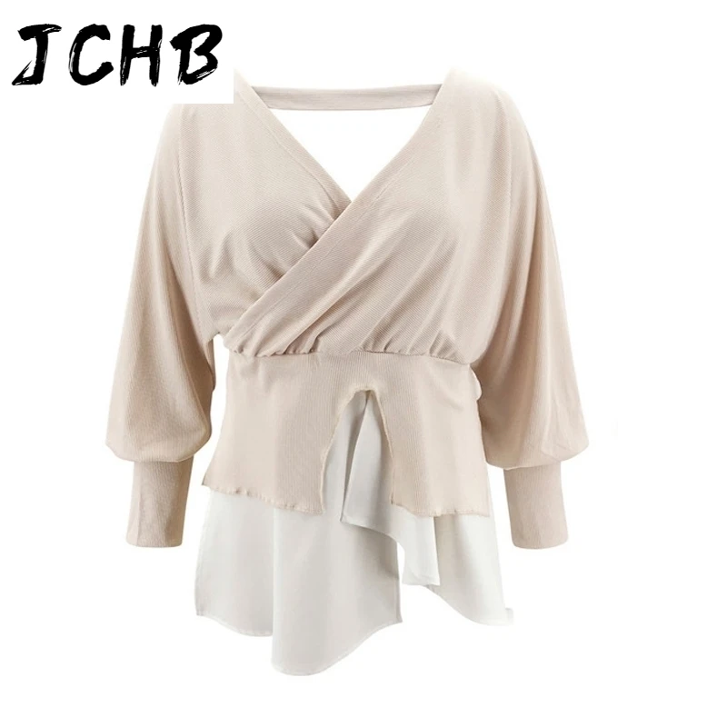 

Women New Autumn Tops Casual Patchwork Ruffled Hem Lantern Long Sleeve Pullover Sexy V Neck Backless Slim Female Tops Streetwear