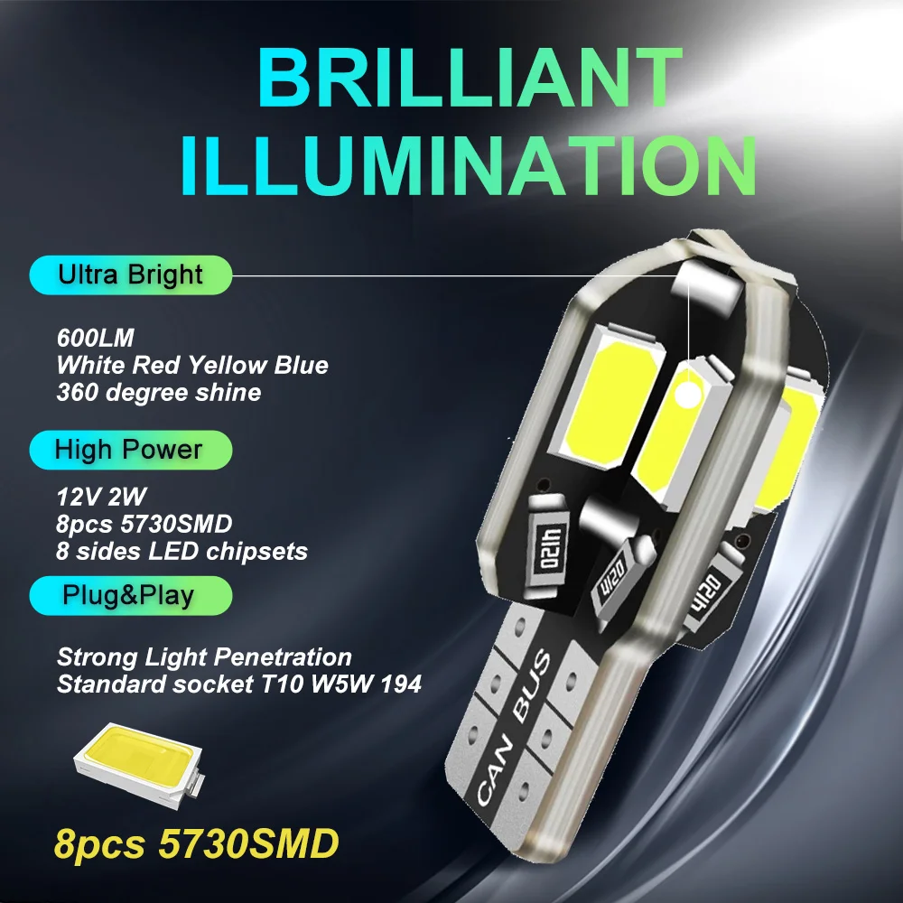 10 шт. W5W светодиодный T10 LED Canbus 168 Светодиодная лампа 8SMD автомобильный боковой