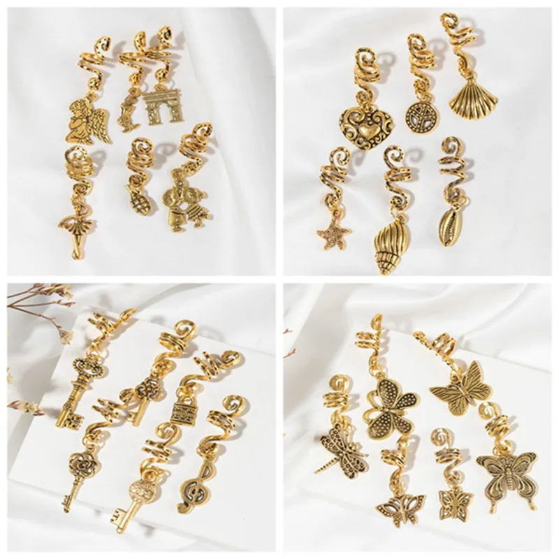 

6pcs Mixed Styles Hair Buckle Hair Accessories DIY Hair Braid Dread Beard Metal Spiral Tube Rings Dreadlock Hair Cuff Clips Pins
