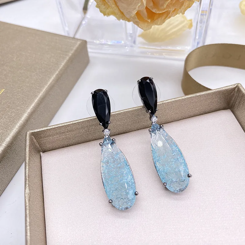 

Blue water drop earrings female retro ice cracked diamond