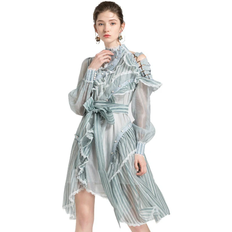 

2020 New Woman Europe Sexy Striped Green Dress Ladies Corset Midi Bandage Retro Dress Women Sundress Summer Long Sleeve Dress