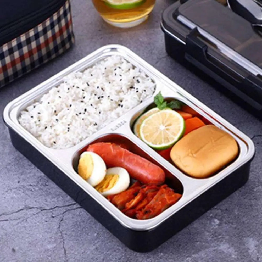 Bento Box Lunchbox 3 Compartments Anti-scald Stainless Steel Rectangular Lunch with Spoon Chopsticks for Student Office Lady | Дом и сад