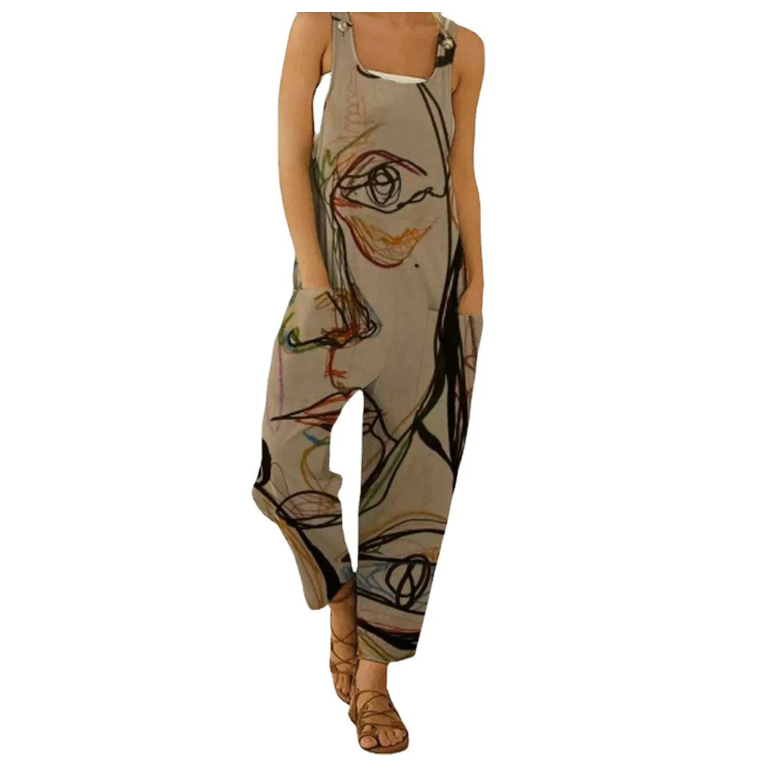 

Женская обувь в ретро-стиле с абстрактным принтом повседневный комбинезон с подтяжками, для женщин, модная уличная одежда с карманом широки...