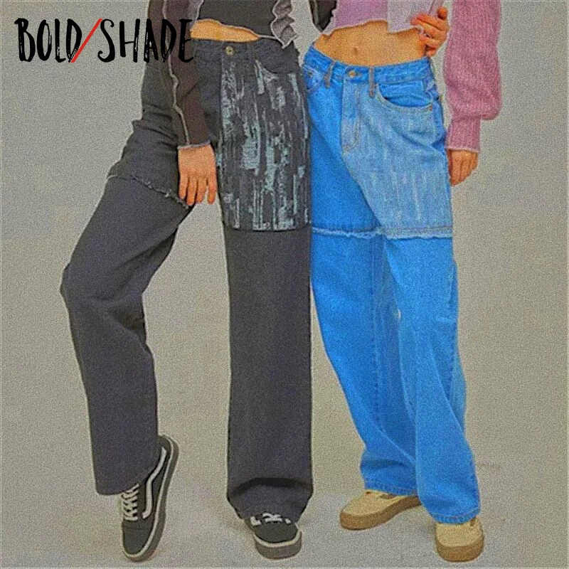 

Bold Shade Grunge 90s Aesthetics Jeans Boy Friend Style Loose High Waist Patchwork Jeans Indie Women Denim Straight Trousers New