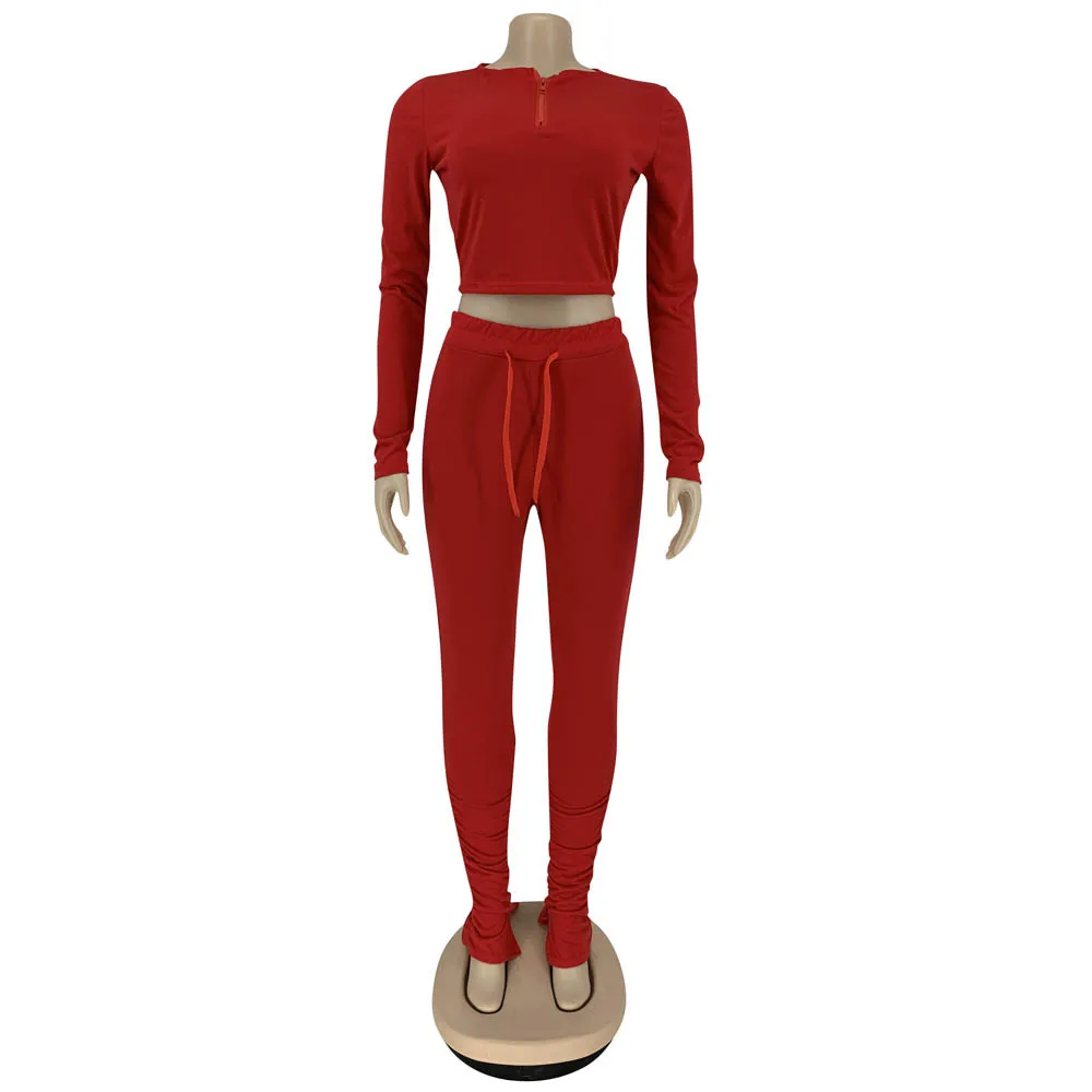 

Hot Women's Long Sleeve Trouser Suit Solid Color High Collar Sports Set Casual High Waist Tight Outfits