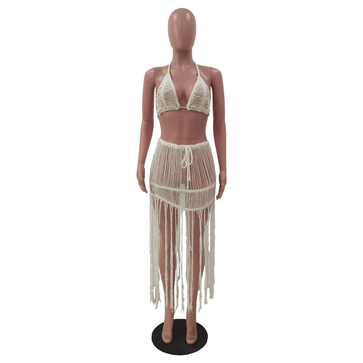 

2021 European summer new sexy nightclub two piece cut-out suit with slim tassel sleeveless bra and long skirt women's suit