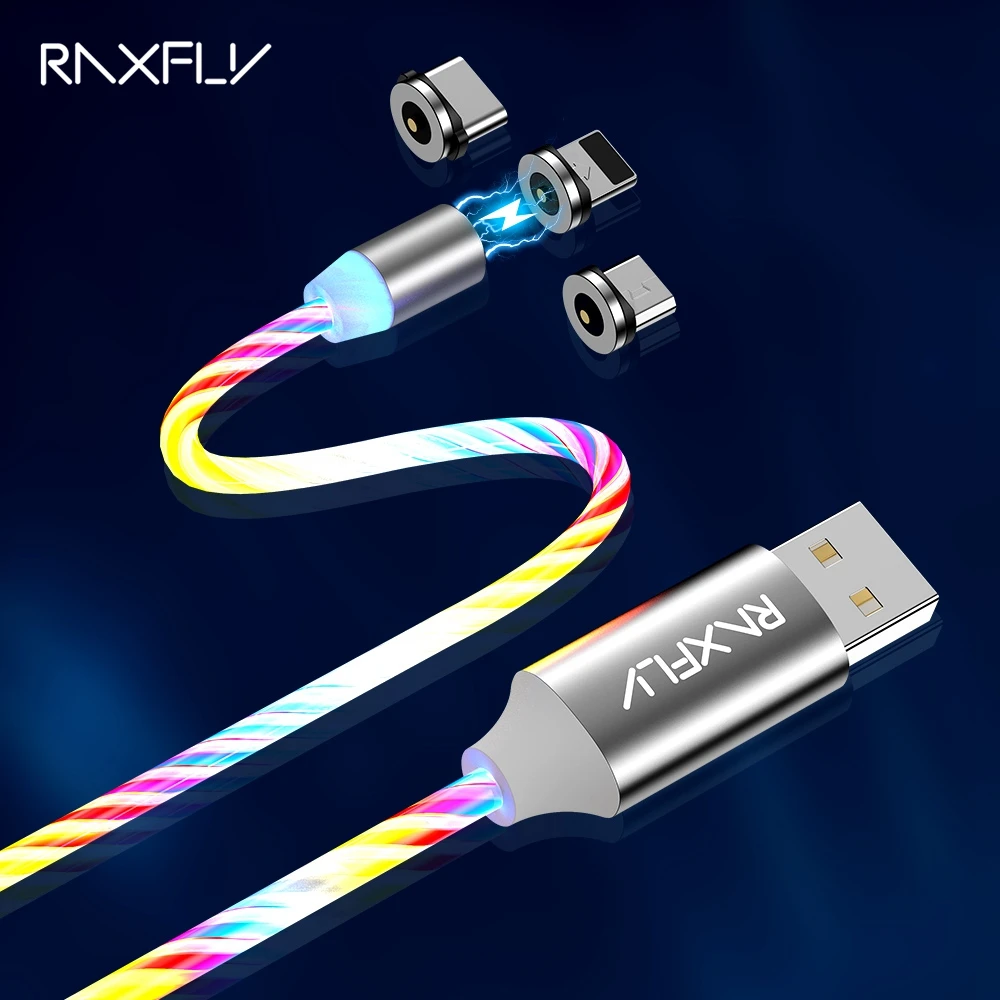 Магнитный кабель RAXFLY Micro USB Type C для iPhone Lighting Kabel 1 м светящийся мобильный телефон