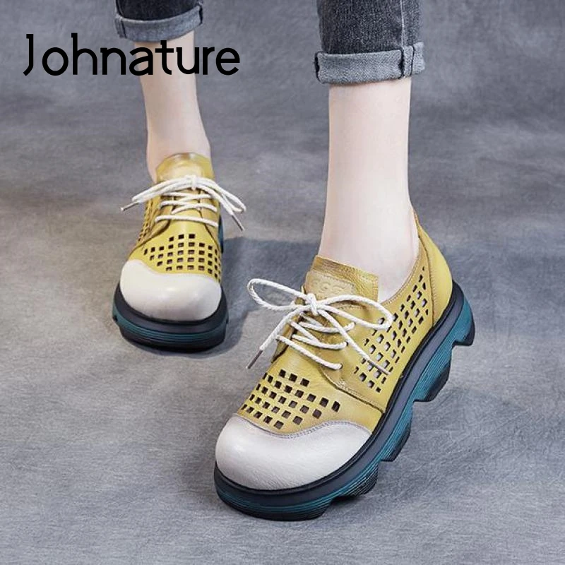 

Johnature Women Sandals Genuine Leather Summer Shoes Mixed Colors Retro 2022 New Wedges Lace-Up Hollow Concise Platform Sandals
