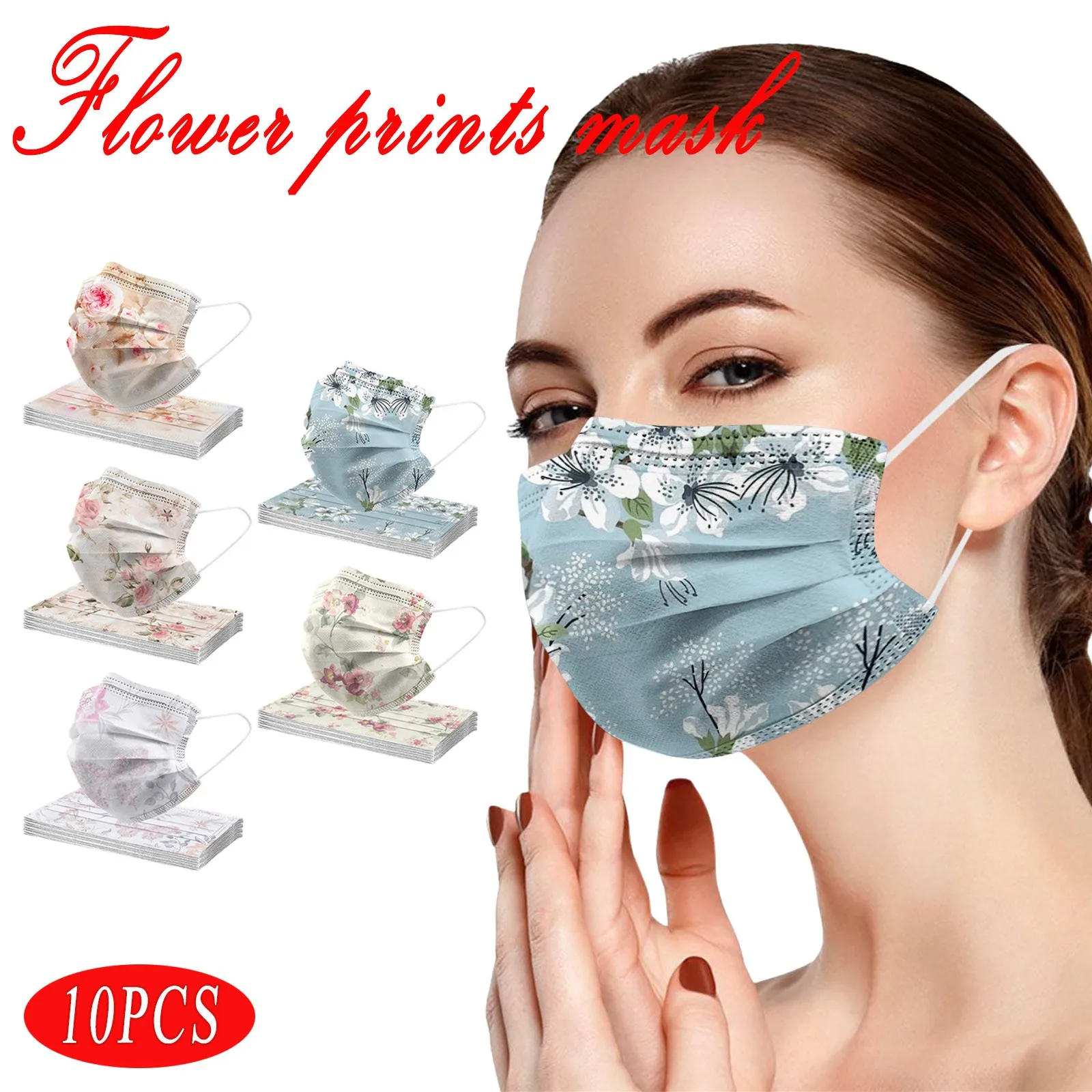 

10PCS Adults Flower Prints Masks 3 -Layer Disposable Face Mask Unisex Dustproof Filter Pm2.5 Mask Earloop Bandage Masque