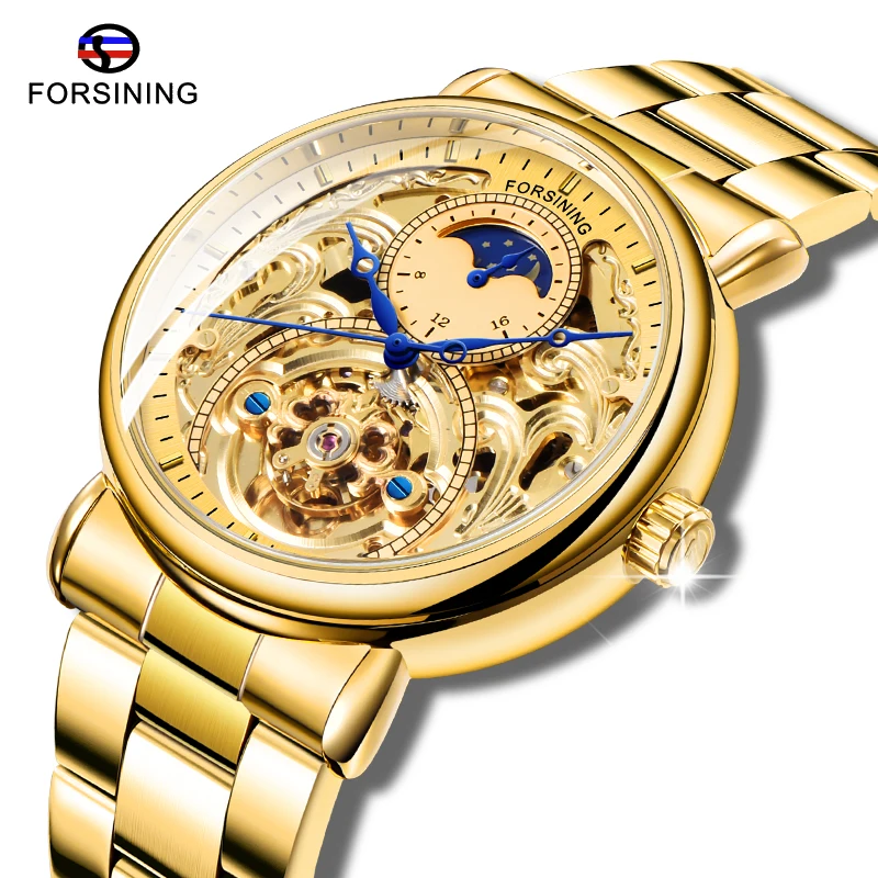 Топ бренд FORSINING для мужчин автоматические механические бизнес часы золотой