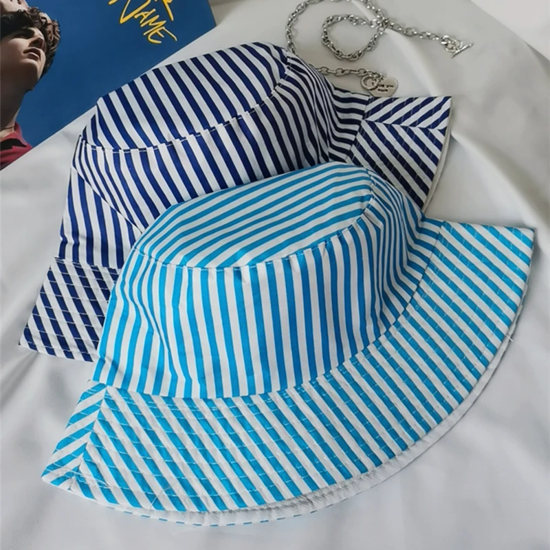 

Summer Stripe Couple Bucket Hat Seaside Style Unisex Cotton Fisherman Hat For Friend Lovers Gift Outdoor Sunscreen Cap Sunbonnet