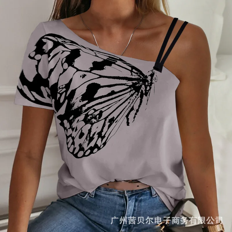 

2021 new butterfly print irregular strapless t-shirt women