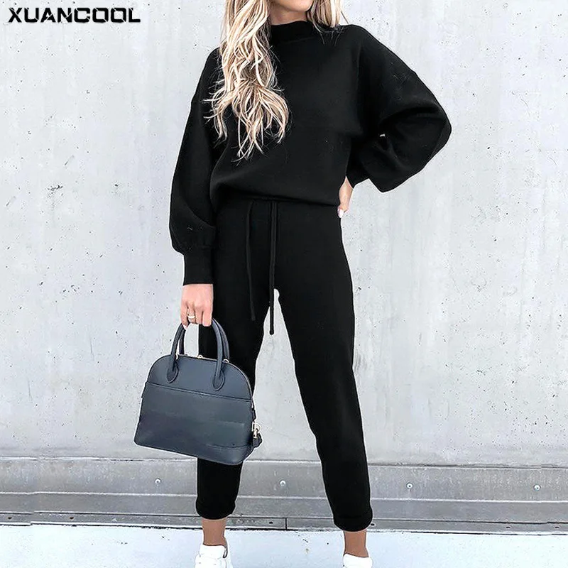 

XUANCOOL 2021 Autumn Winter Women's Sweatpants Set Solid Tracksuit Turtleneck Collar Loose Sleeve Pocket Two-piece Suit Outfit