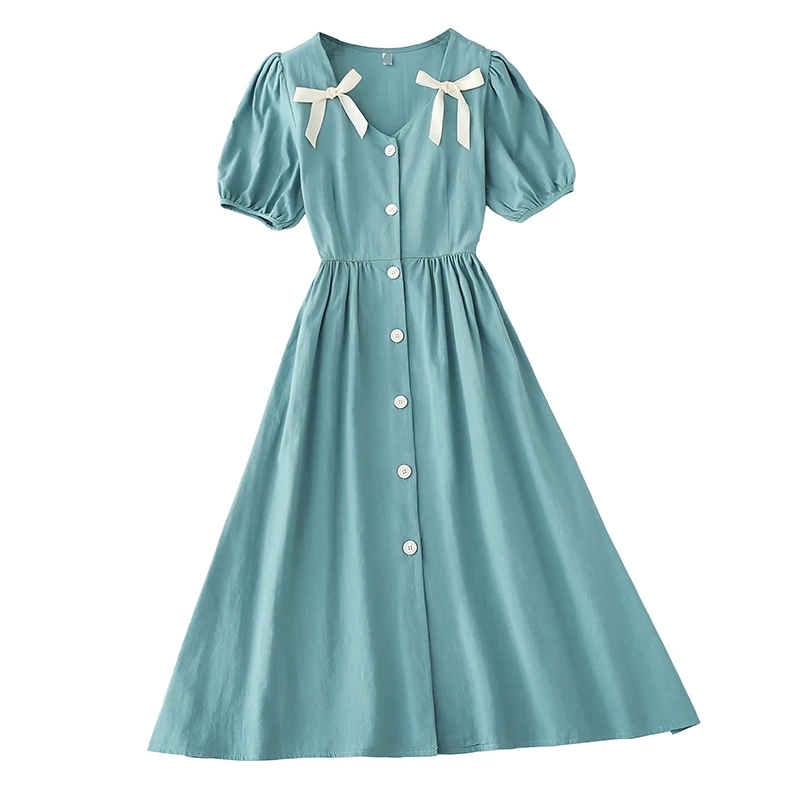 

Kimutomo Sweet Bow Dress Women Summer 2021 New French Style V-neck Bubble Sleeve Single Breasted Slim Midi Vestido Casual