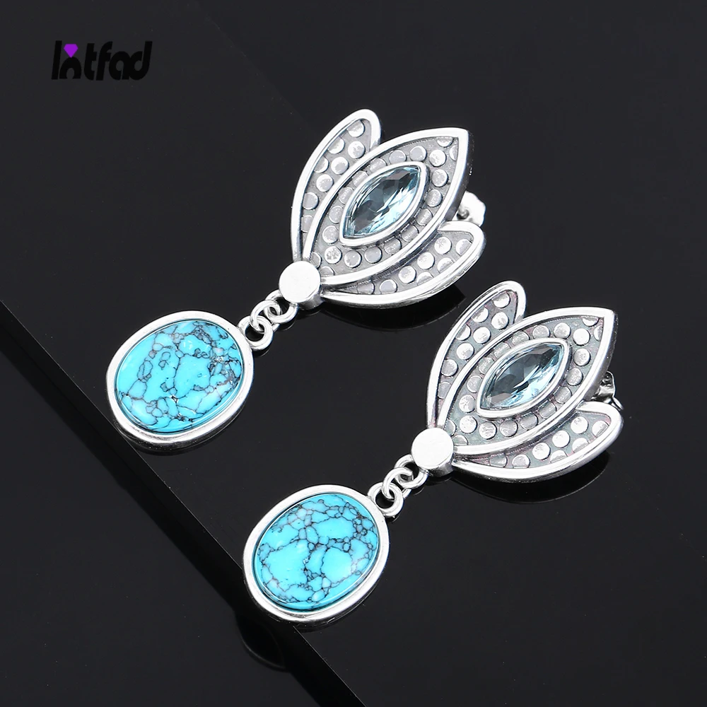 

Natural Turquoise Drop Earrings 925 Sterling Silver Crown Shape Moonstone Blue Sandstone Jewelry for Women Gifts Dropshipping