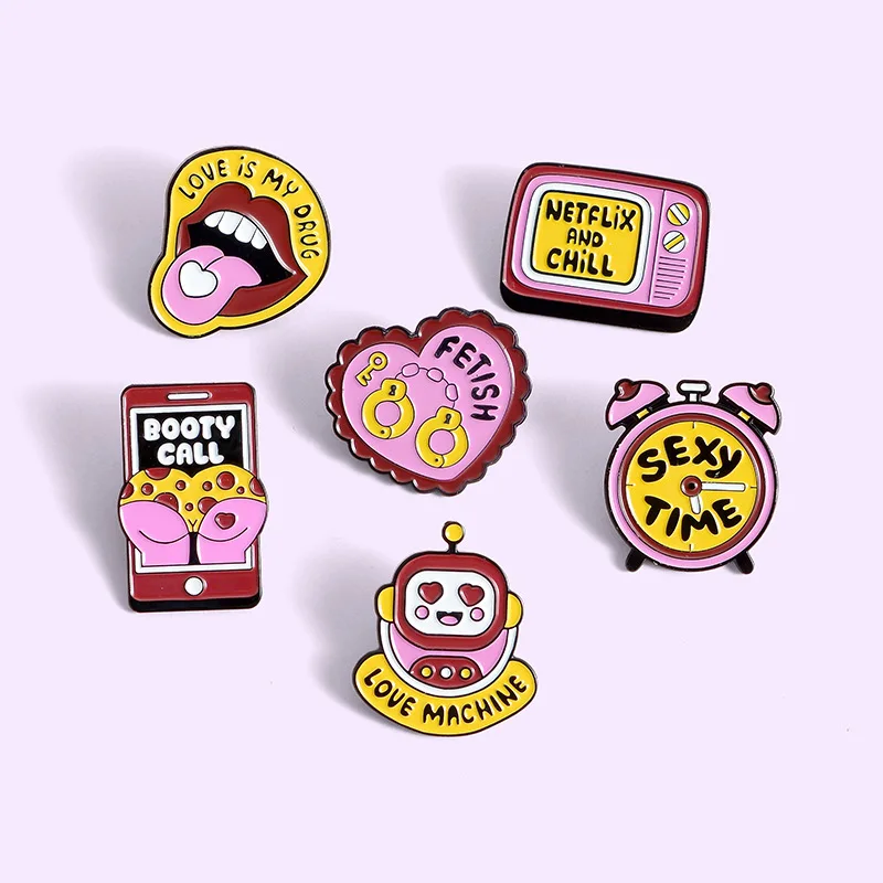 

2021 sexy time enamel pins features shackles sexy jewelry lips TV yellow brooch love badge clothes lapel brooch gift to friends