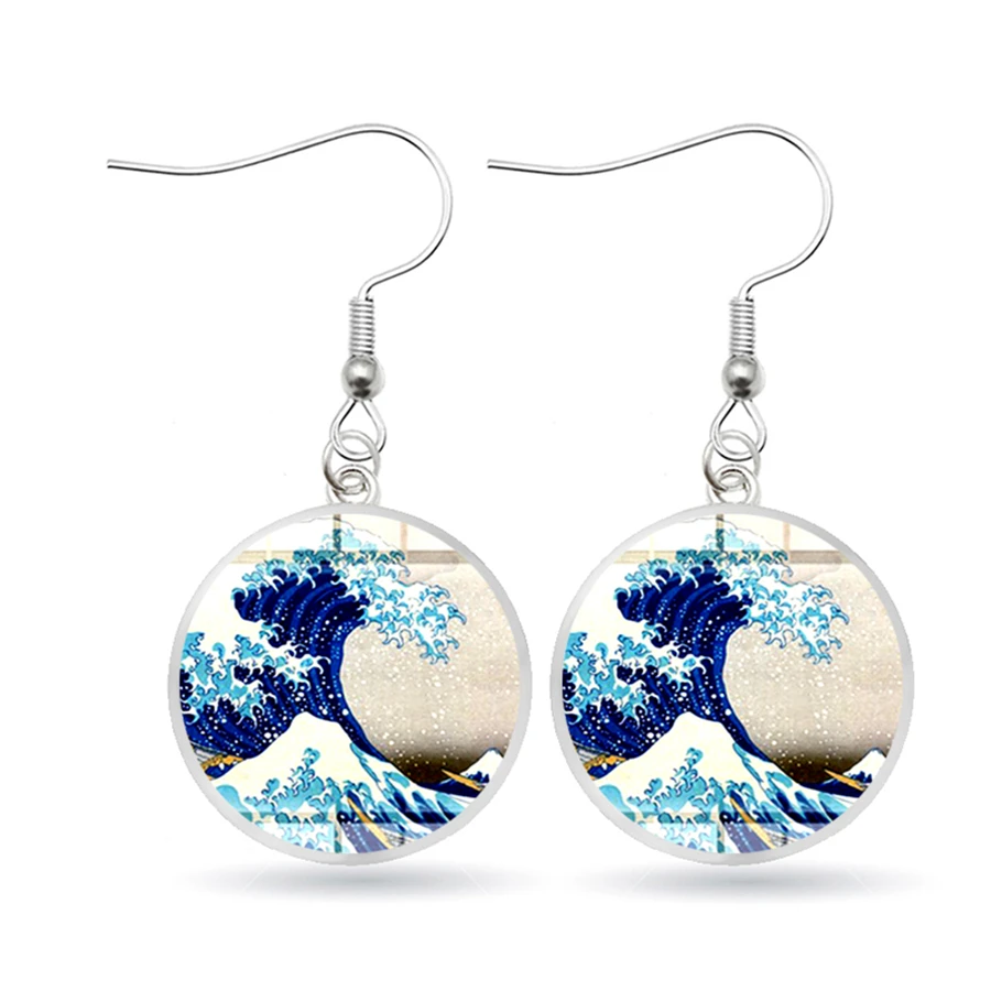 Классические канагава картина серфинг серьги японские Ukiyo e Art Blue Sea Wave висячие 3D