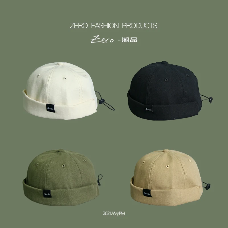 

2021 Vintage Hip Hop Men Hat Washed Cotton Retro Skull cap Adjustable Brimless Hat Landlord Breathable Beanie Hat Sailor Cap