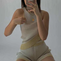 2021 selling new trend comfy knitted gold edge loungewear two piece set women summer sexy slim vest gold matching shorts suit