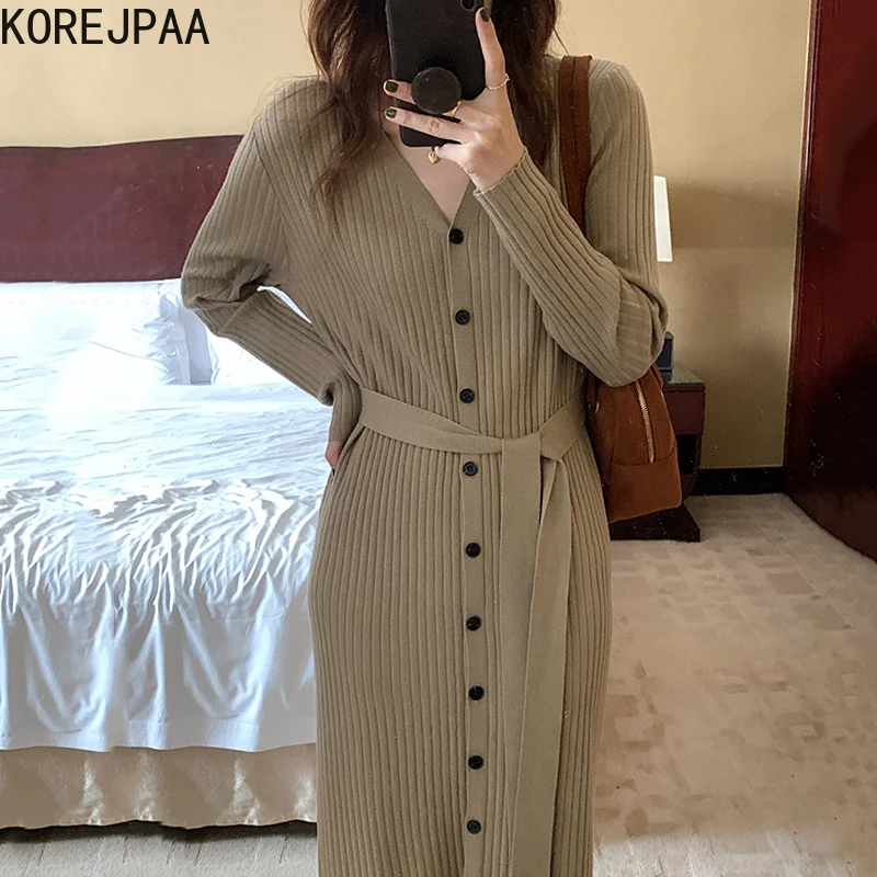 

Korejpaa Vintage V-neck Knitted Dress Women Autumn French Fashion Female Casual Long Sleeve Single Breasted Bandage Slim Dresses
