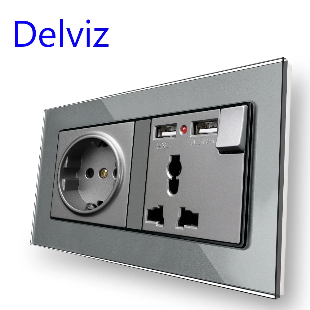 

Настенная розетка Delviz с USB, 5 В, 2 А, USB-интерфейс для зарядки, штекер ЕС + универсальный штекер, двойная розетка из закаленного стекла