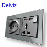 delviz usb wall power socket 5v 2a usb charging interface eu jack universal jack tempered crystal glass panel double outlet
